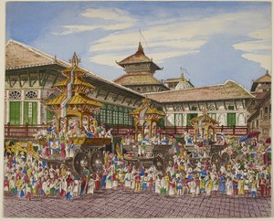 T乙女の旅。 T ハヌマーン ドーカの外にあるトライ テンプル カーズ、カトマンズ (ブラック リソ) 作： Dr. Henry Ambrose Oldfield