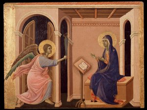 マリアの死の告知マエスタのプレデラ（木にテンペラ 作： Duccio di Buoninsegna