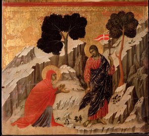 復活後のマグダラのマリアへのイエスの出現。マエスタ祭壇画（木にテンペラと金彩 作： Duccio di Buoninsegna