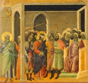 嘲笑されたキリスト（Cristo percosso）」詳細、マエスタの長方形部分 作： Duccio di Buoninsegna