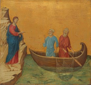 素晴らしい釣り旅行と使徒ピーターとアンドレアスの召し。 1308-11 作： Duccio di Buoninsegna