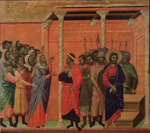 ファリサイ派の人々に非難されるイエスマエスタの祭壇画（木にテンペラと金箔 作： Duccio di Buoninsegna