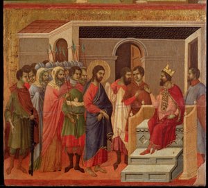 ヘロデの前に立つイエスマエスタの祭壇画（木にテンペラと金箔 作： Duccio di Buoninsegna