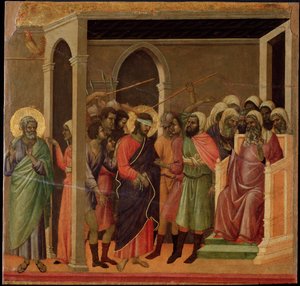 軽蔑されたイエスマエスタの祭壇画（木にテンペラと金箔 作： Duccio di Buoninsegna