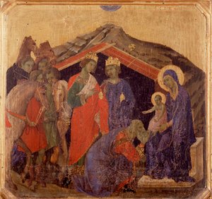 キリストの生涯、マギの崇拝。ラ・マエスタのプレデラ（木にテンペラ 作： Duccio di Buoninsegna
