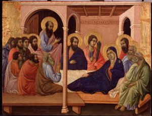 使徒たちから離れるマリアラ・マエスタのプレデラ（木にテンペラ 作： Duccio di Buoninsegna
