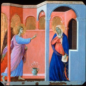 マエスタの祭壇画のパネル：受胎告知、1311年 作： Duccio di Buoninsegna