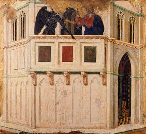 神殿の誘惑」、シエナ大聖堂のドゥッチョ祭壇画「メエスタ」のプレデラの細部 作： Duccio di Buoninsegna