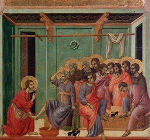 足を洗うところ。マエスタの詳細（木にテンペラ 作： Duccio di Buoninsegna