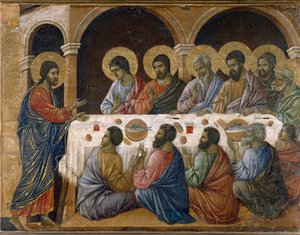 キリストの受難 - 祭壇画の背面。パネルに油彩 作： Duccio di Buoninsegna