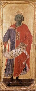預言者サロモン」木版デトレンプレ Duccio di Buoninsegna (1255-1318/9) 1308-1311 サイズ 42.5x16 cm Siena, Museum of Metropolitan Opera 作： Duccio di Buoninsegna
