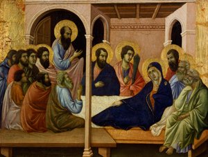 使徒たちと別れる聖母（シエナ大聖堂、メエスタ・オブ・ドゥッチオ祭壇画より 作： Duccio di Buoninsegna