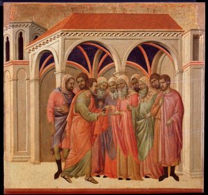 ユダの裏切り。マエスタの祭壇画（木にテンペラと金箔 作： Duccio di Buoninsegna