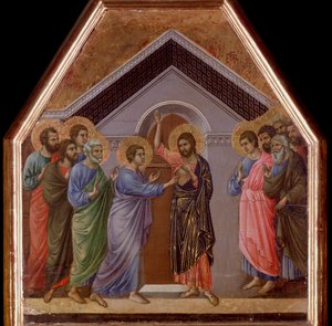 聖トマスの信じられない気持ちメエスタ祭壇画（木にテンペラと金彩 作： Duccio di Buoninsegna