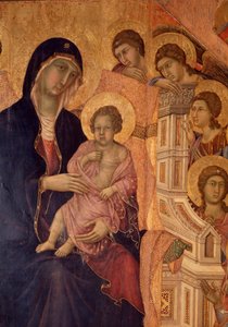 王座の上の聖母子（ラ・メエスタ祭壇画）（木地にテンペラ、金彩 作： Duccio di Buoninsegna