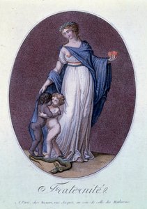 フランス革命 "Fraternite" 色の違う子供たちがキスをしている、フランスの奴隷制に対するアレゴリー。R.デュシュマンの版画（18〜19世紀） パリ、カルナヴァレ美術館 作： Duchemin Duchemin
