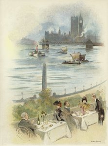 テムズ川を見下ろすテラスでランチ 作： Dudley Hardy