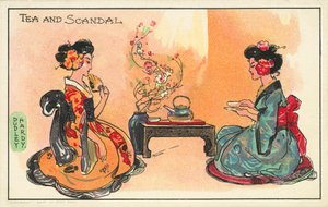 お茶とスキャンダル：お茶を飲む2人の日本人女性（カラーリトグラフ