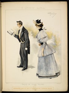 2 つの文字。 本を読む男性と女性。 作： Dudley Hardy