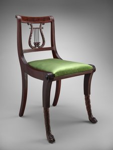 サイドチェア、c。 1816年（マホガニーとマホガニーのベニヤ;灰、チューリップポプラ、真ちゅう） 作： Duncan Phyfe