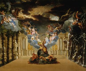 ジャン＝バティスト・リュリ作『悲劇のリリック・アティス』プロローグの舞台デザイン。 1708年。 作： Duplessis