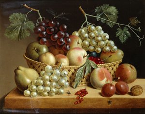ブドウ、リンゴ、桃、その他の果物の棚のバスケット、1833 作： Dutch School