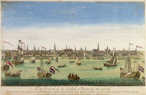 アムステルダムの港と町の概観、DG Hucquierによる彫刻、16世紀 作： Dutch School