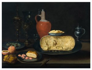 テーブルの上のチーズ、バター、パン、エビ、オレンジ、オリーブ、ワインのある静物 作： Dutch School