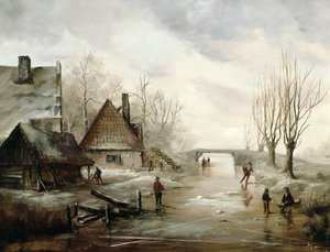 フォアグラウンドでフィギュアスケートをする冬の風景 作： Dutch School