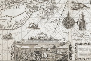 「Nova Francia, alio nomine dicta Terranova, anno 1504...」より、昔ながらのクジラのような海の怪物 2 体と、よりリアルなクジラの挿入図 作： Dutch School