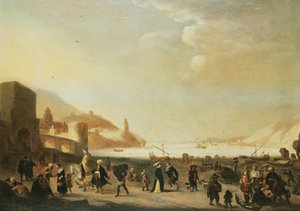 手前に屋台と農民がいる港（パネル） 作： Dutch School