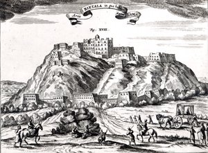 ビエタラ、ラッサ王国、ラマ大王の要塞、「ラシンillustree」からのイラストby Athanasius Kircher（1602-80）アムステルダム、1670年（彫刻）（bw写真） 作： Dutch School