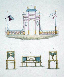 中国の門と庭の椅子、G. van Laar著「Magazine of Garden Gems」（1802年発行）より（カラーリトグラフ