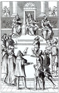 Joos de Damhouder（1507-81）によるPraxis Rerum Criminaliumの木版画の後の、法廷前の修正のための告白（1507-81）アントワープ、1556 作： Dutch School