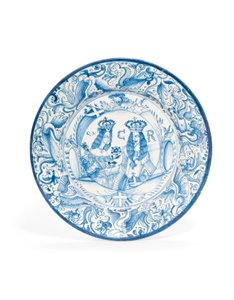 デルフト ブルーとホワイトのロイヤル ダブル ポートレート チャージャー、c. 1662-85 作： Dutch School