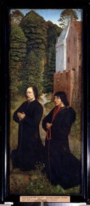 「2人の寄付者、靴職人ギルドのメンバー」 15世紀のオランダ学校（聖クリスピンの師匠）の木に絵を描く 16世紀初頭 プーシキン美術館、モスクワ 作： Dutch School