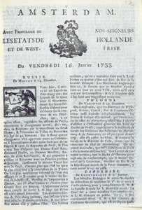 La Gazette dAmsterdamの表紙、1733年1月16日（印刷された紙） 作： Dutch School