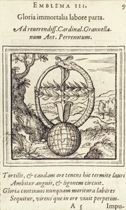 1565年にクリストフプランタンが出版した、エイドリアンジューンのエンブレムからはじける栄光の不滅の作品