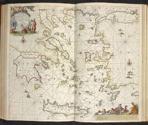 ギリシア、クレタ島、トルコ、「The great new Augmented Sea Atlas or te water world」より。 地球のすべての海岸をため息で見せて...」、Claas Jansz Vooght著 作： Dutch School