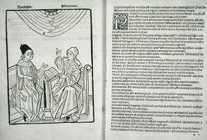 ハンタリアン Bx.3.41 f.1v-2r ピエール・ドアイリー作「天文学と神学の融合」1490年頃（ベラム製） 作： Dutch School