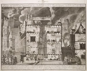 オランダの消防に関する本、1700年頃に出版された本から、新しい長い消防ホースが建物のすべての部分にどのように到達できるかを示す図
