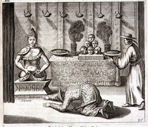 アタナシウス・キルヒャー（1601-80）の「中国図解」より、インドの神を祀る寺院の内部 1667年（彫刻） 作： Dutch School