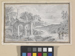 Paisagem italiana com ruínas (giz preto sobre papel off-white)