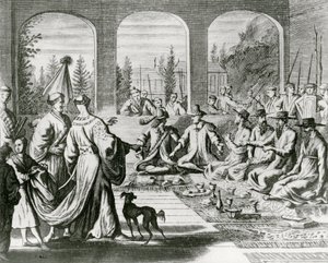 日本の宮廷でオランダとポルトガルの商人と一緒にいるイエズス会の人たち、1670年頃（エングレービング