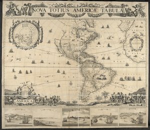 Map of America、Nova totius Americae Table、[with Views] パナマ、Caput S. Augustini、ニュー アムステルダム、S. Savior、Name D. God。 J.マチス作 作： Dutch School