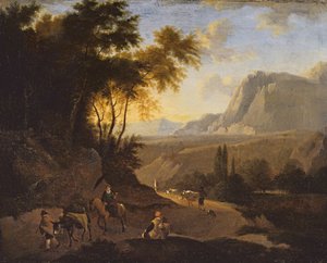 人物のいる山の風景、17世紀後半、油彩・カンヴァス 作： Dutch School