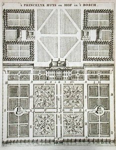 ホーフ・イント・ボス宮殿（ヨハン・ファン・デル・グローエン著「オランダの庭師」より）1699年発行（彫刻作品 作： Dutch School