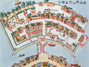 アイザックティッシング（c.1740-1812）による日本のイラストからの、1822年にロンドンで出版された、ナンガサキのデシマ島のオランダ工場の計画 作： Dutch School