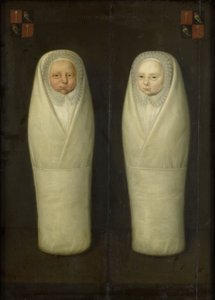 おくるみの双子の肖像：ジェイコブ・デ・グラーフとエルト・ボーレンスの初期の死んだ子供たち、1617年頃 作： Dutch School