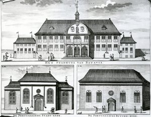 19世紀バタビアのポルトガル教会と市庁舎、 作： Dutch School